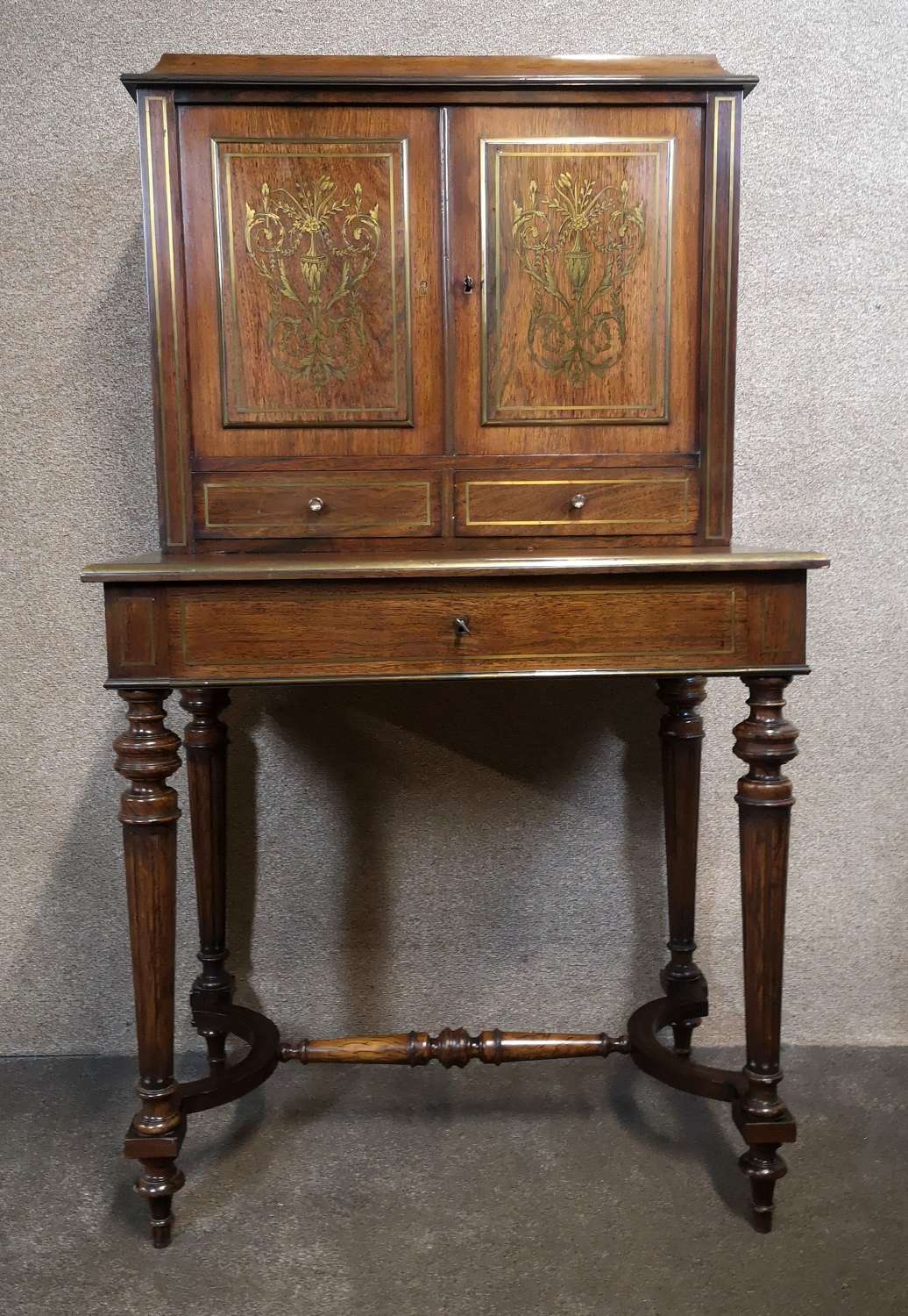 19th Century French Rosewood & Brass Inlaid Bonheur Du Jour