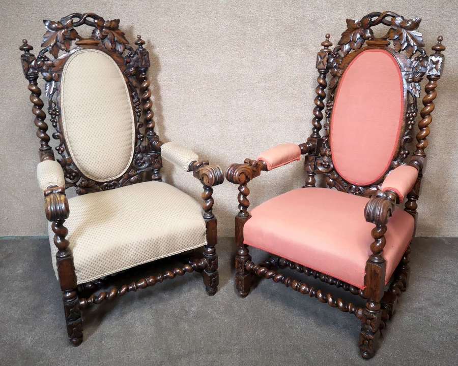A Pair Of Victorian Jacobean Style Carved Oak Armchairs