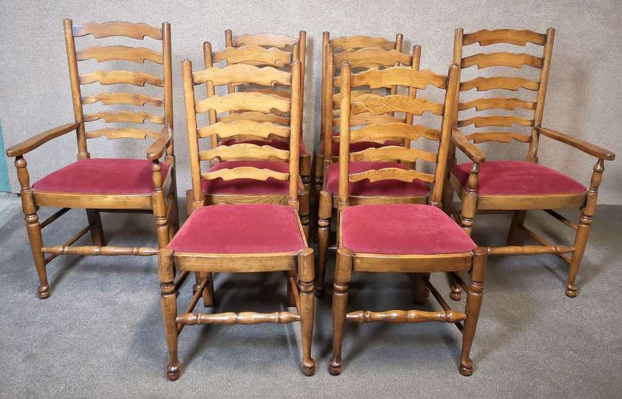 Set of Eight Oak Ladder Back Dining Chairs