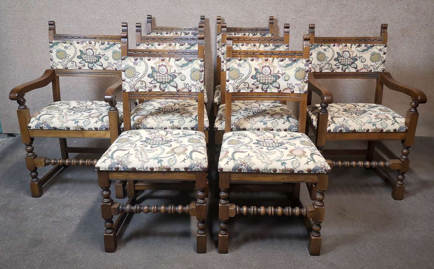 Set of 8 ( 6 + 2) Oak Dining Chairs From Wood Bros Old Charm Furniture