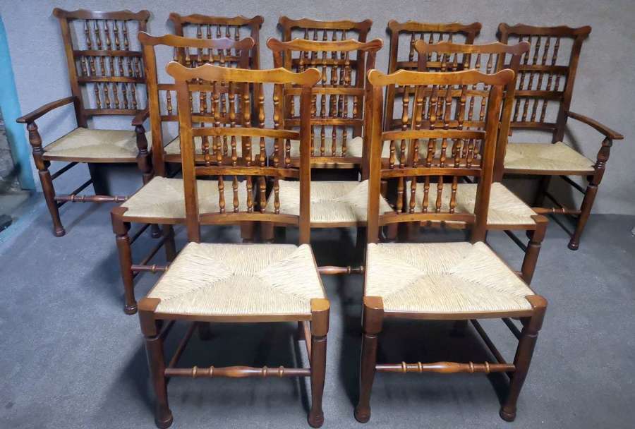 Set of Ten Reproduction Lancashire Fruitwood Dining Chairs (8 + 2)