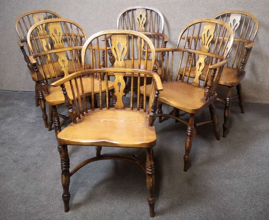 Good Quality Set of Six Ash and Elm Low Back Windsor Chairs Stamped JW