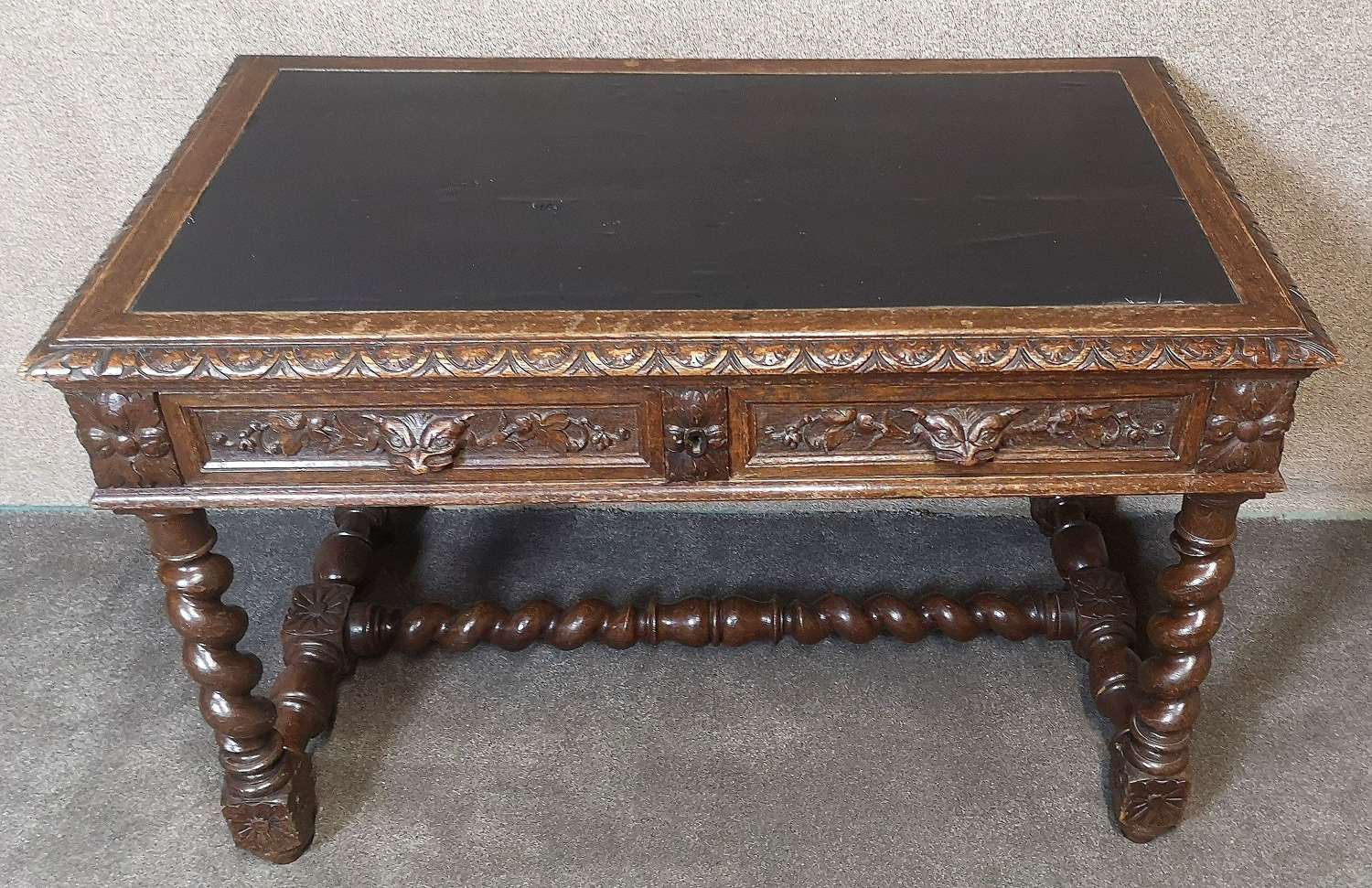 Victorian Carved Oak Two Drawer Free Standing Writing Table / Desk