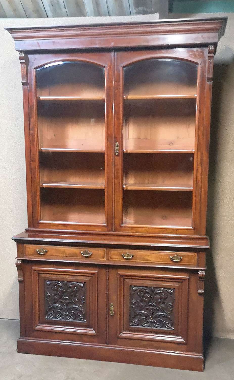 Victorian Mahogany Two Door Bookcase - Carved Decoration