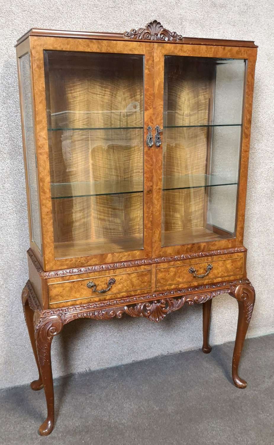 Queen Anne Style Burr Walnut Display Cabinet