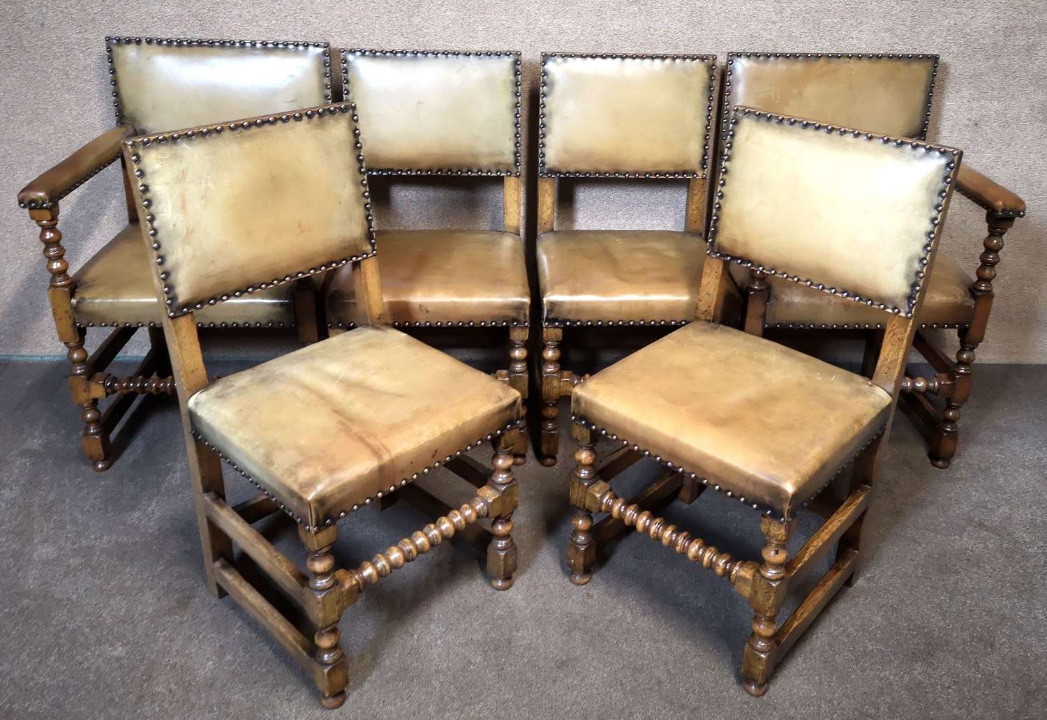 Titchmarsh Goodwin Set of Six Oak and Leather Cromwell Chairs