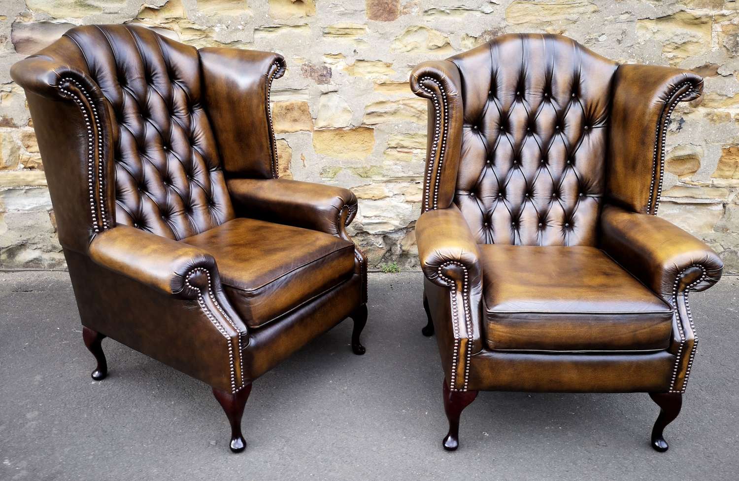 Leather Chesterfield - Pair of Queen Anne High Back Wing Chairs