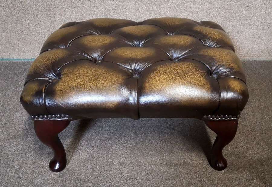 Chesterfield Queen Anne Brown Leather Footstool