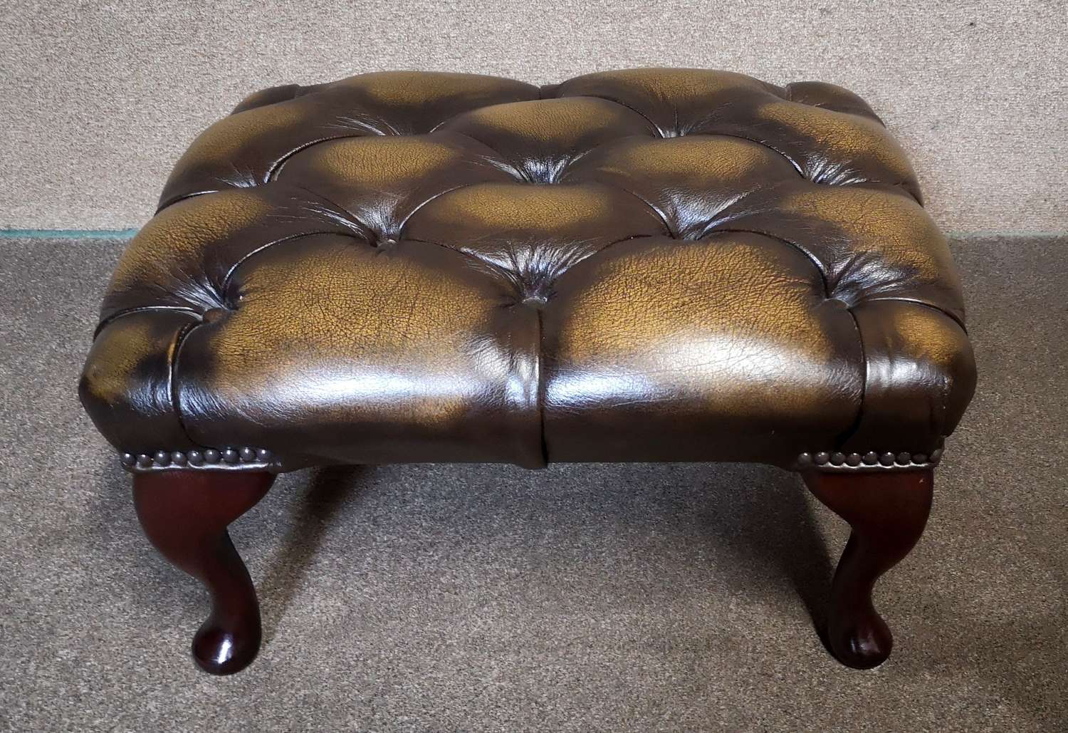 Chesterfield Queen Anne Brown Leather Footstool