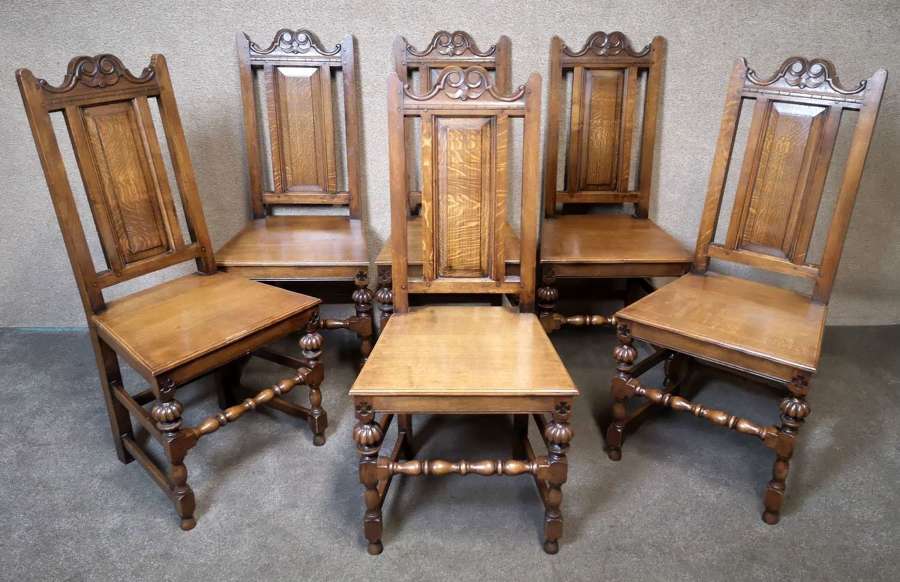 Good Quality Set of Six Oak Panel Back Dining Chairs