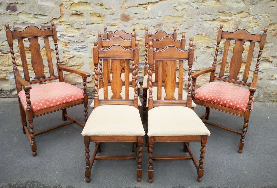 Good Quality Set of Eight (6+2) Oak Barley Twist Dining Chairs