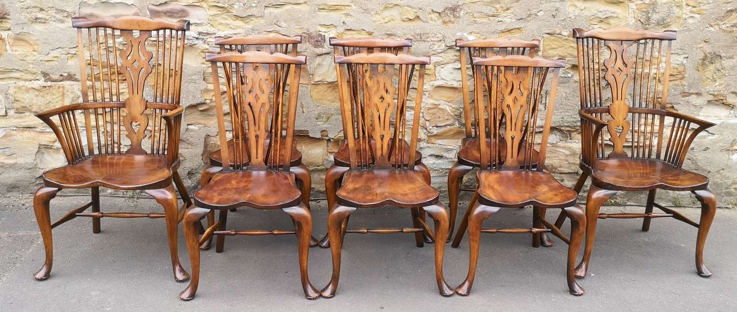 Good Quality Set of Eight Burr Yew & Elm Windsor Chairs Stamped 