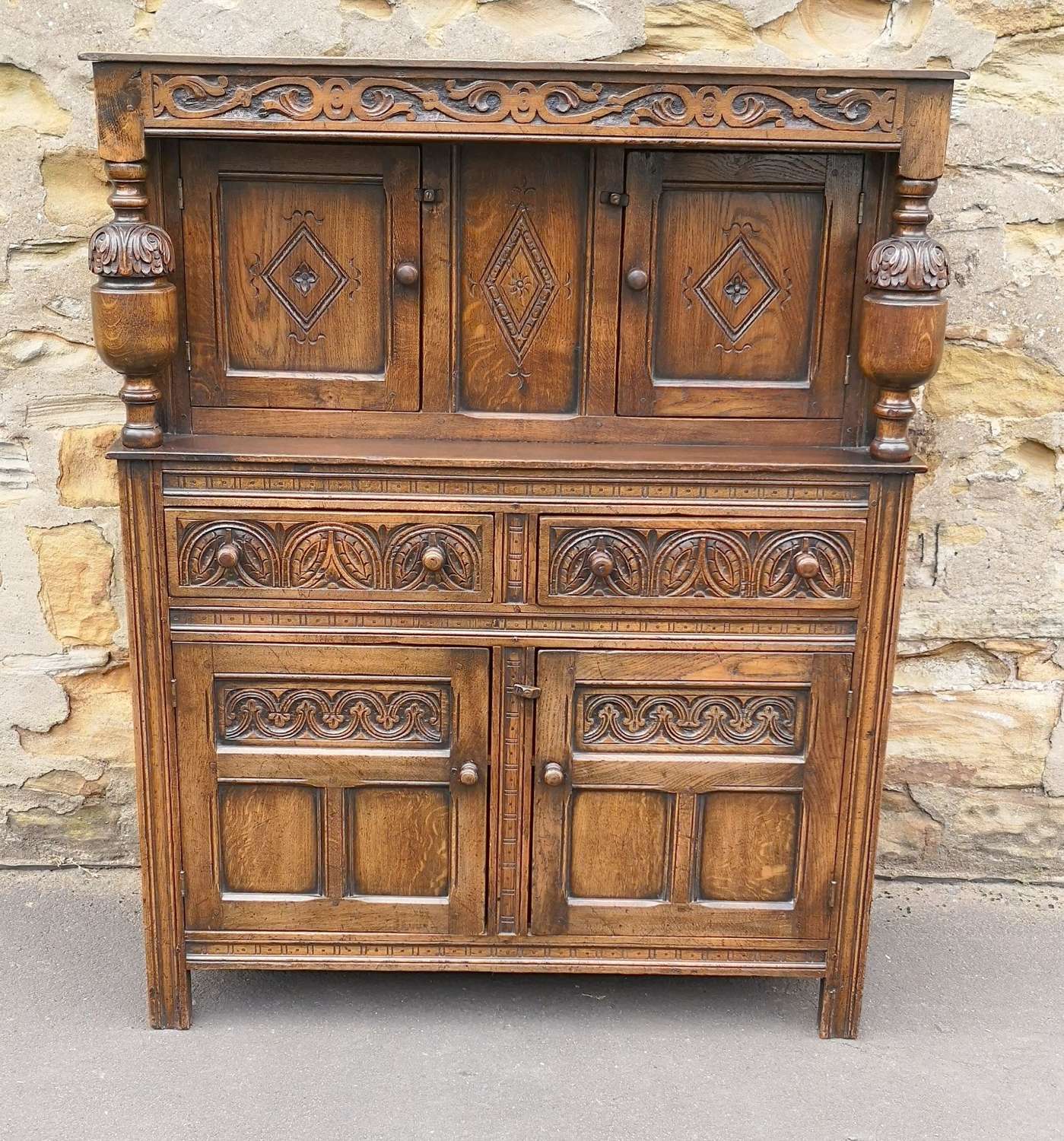 Good Quality Period Style Carved Oak Court Cupboard