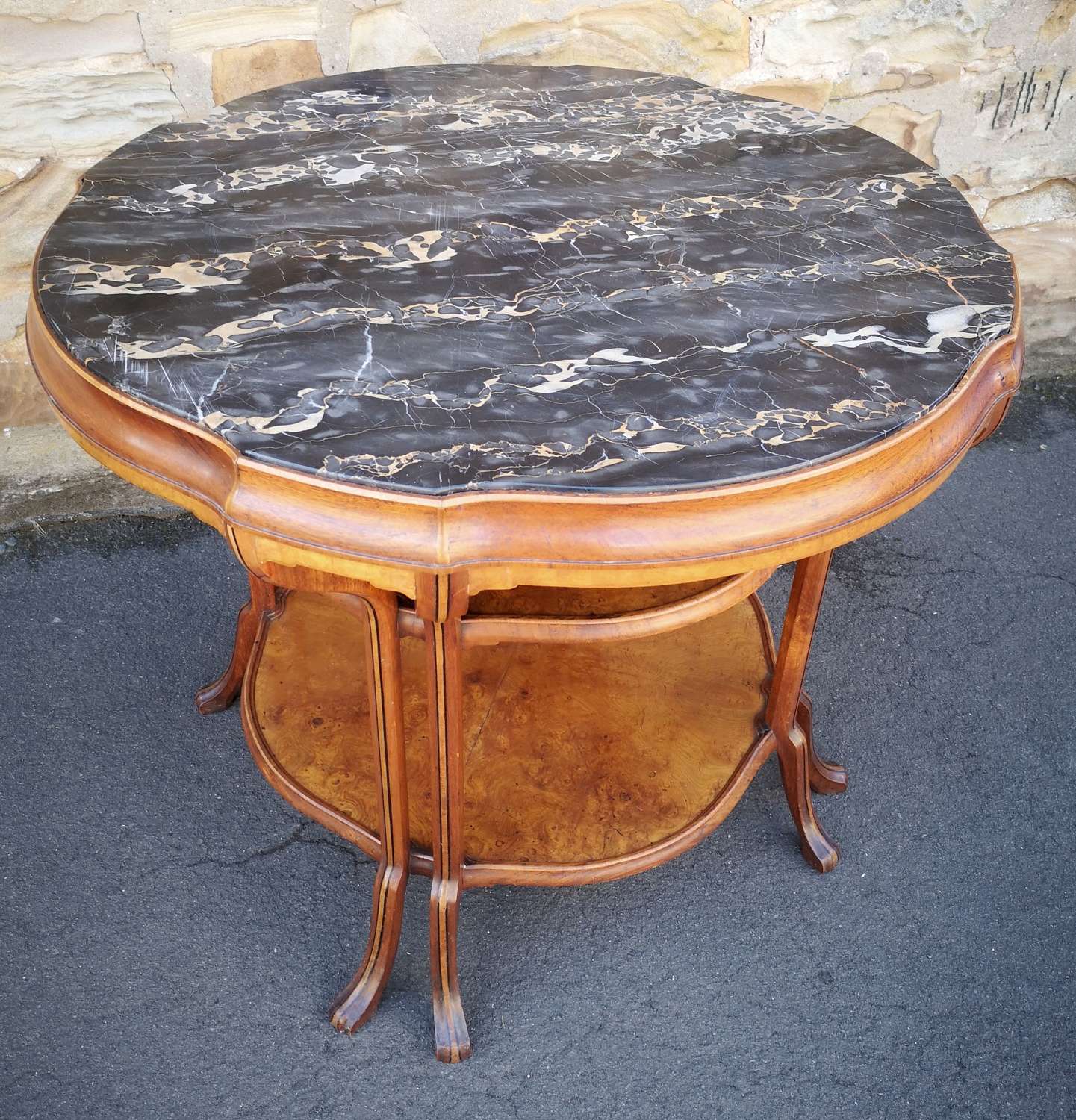 Antique Burr Walnut Marble Topped Shaped Circular Table