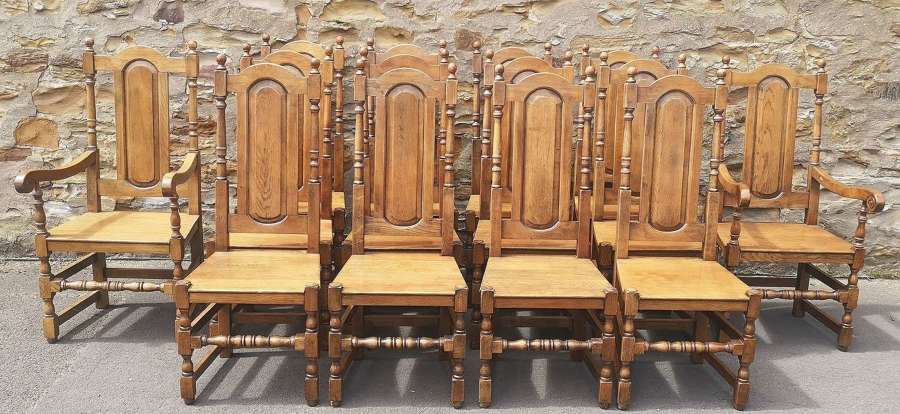 Set of Fourteen High Back Oak Dining Chairs (12 + 2 )