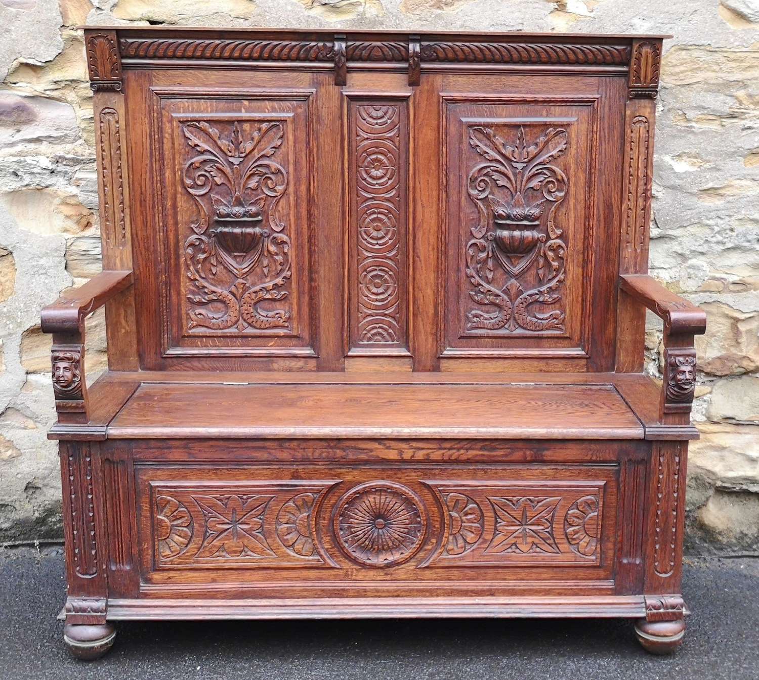 19th Century Carved Oak Hall Settle