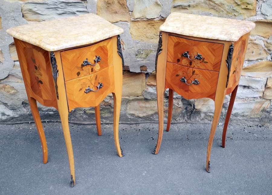 Pair of French Louis XV Style Serpentine Marquetry Marble Top Bedside