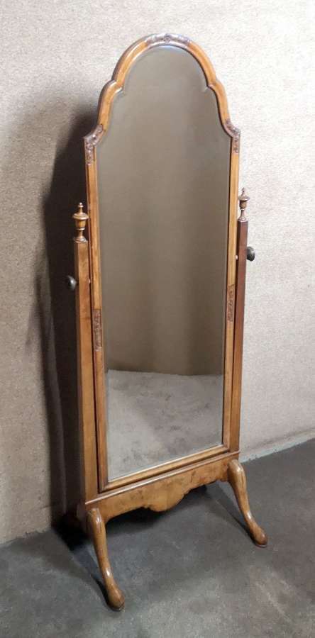 Antique Walnut Queen Anne Style Cheval Mirror, Circa 1920