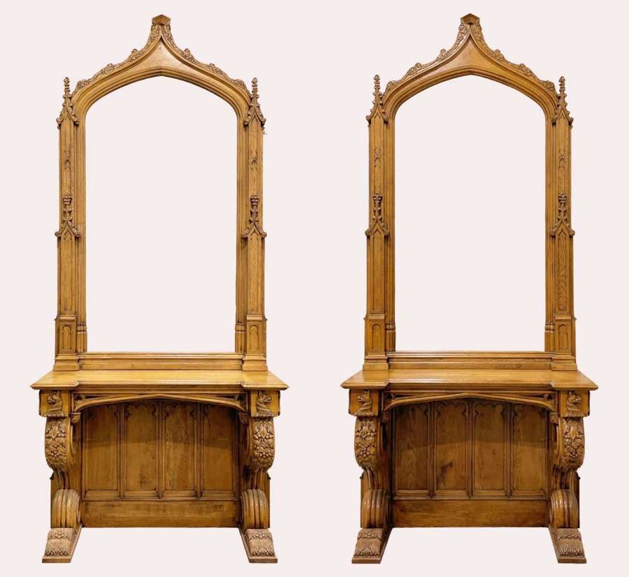 Pair of Gothic Style Oak Console Tables and Mirrors
