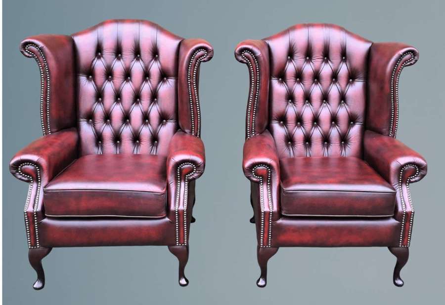 Pair of Oxblood Leather Queen Anne High Back Chesterfield Armchairs