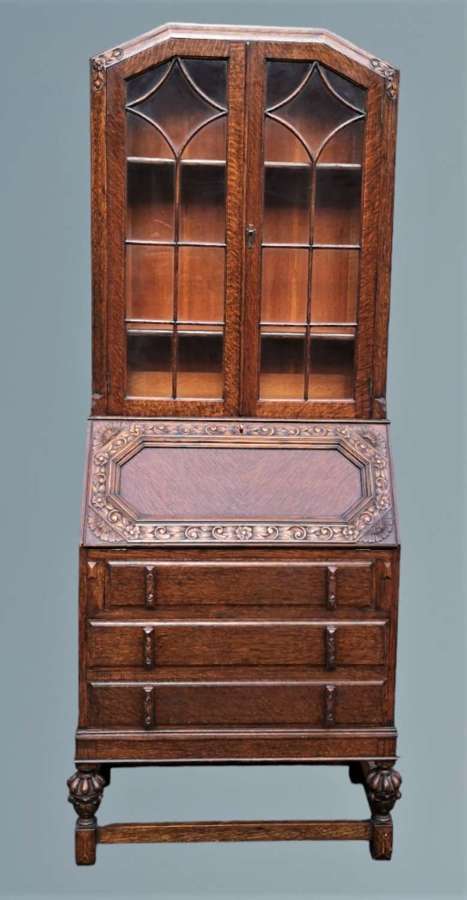 Carved Oak Bureau Bookcase With Sliding Interior