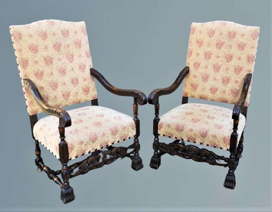 Pair of Carved Oak Arm Chairs In The Carolean Style