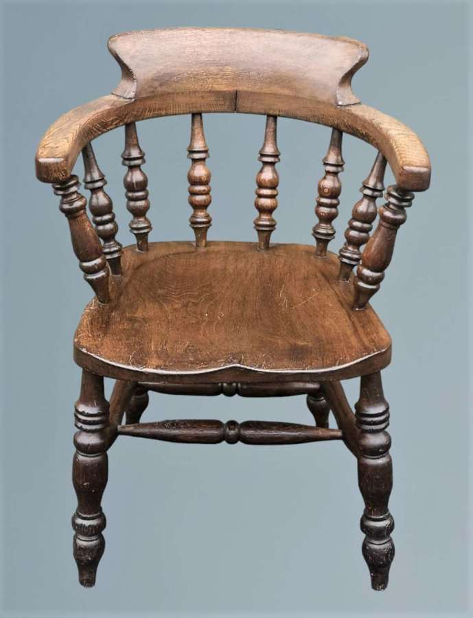 Antique Oak Smokers Bow Arm Chair / Oak Captains Chair