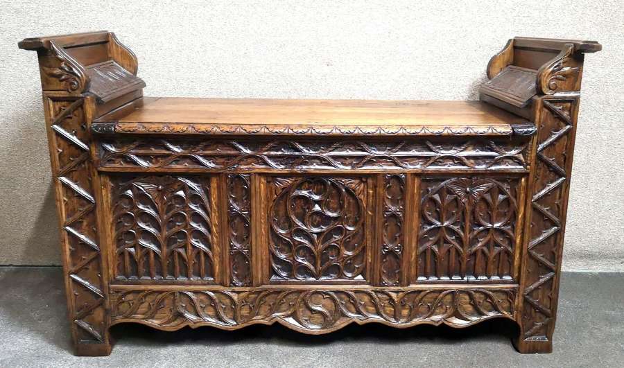 Good Quality Carved Oak Gothic Window Seat / Hall Bench