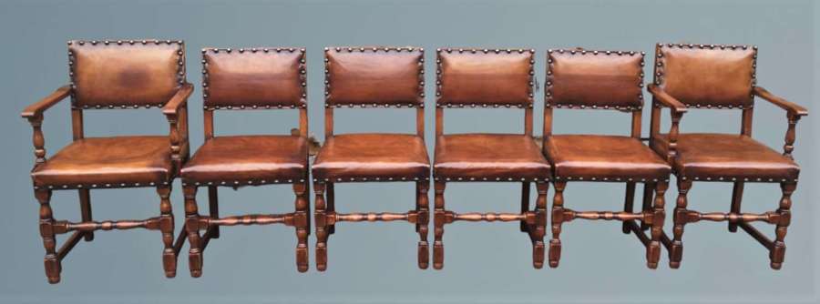 Set of Six Oak and Leather Dining Chairs