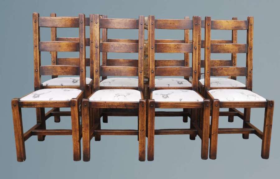 Set of Eight Rustic Oak Ladder Back Dining Chairs