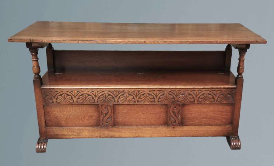 Early Twentieth Century Carved Oak Monks Bench