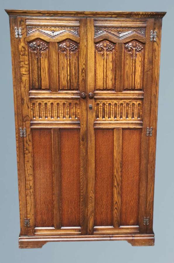 Oak Linen Fold and Grape Carved Double Door Fitted Wardrobe
