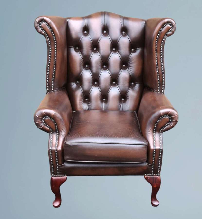 Chesterfield Queen Anne Brown Leather Wing Back Arm Chair