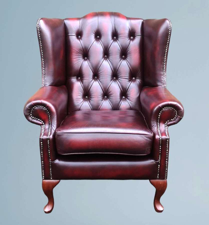 Oxblood Leather Queen Anne Wing Back Chesterfield Arm Chair